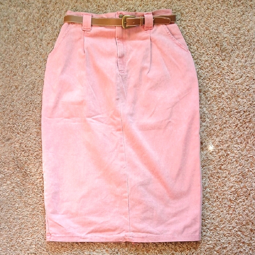 90s pink/rose color high waisted midi jean skirt